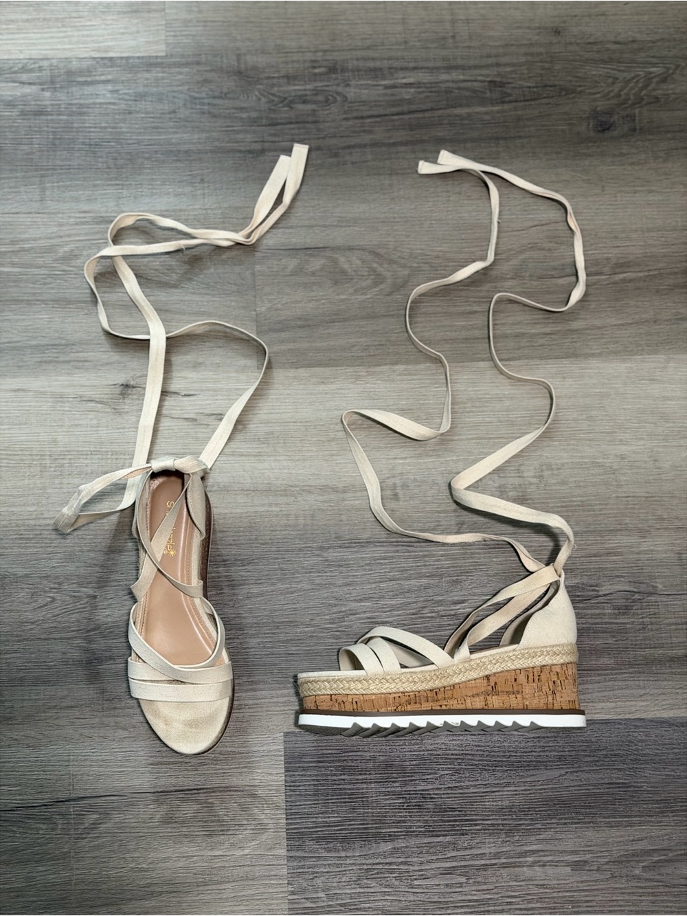 Shoe Dazzle Beige Lace-Up Cork Wedge Sandals
